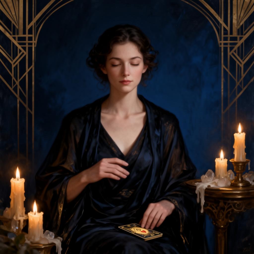 Tarot reader in candlelit sacred space
