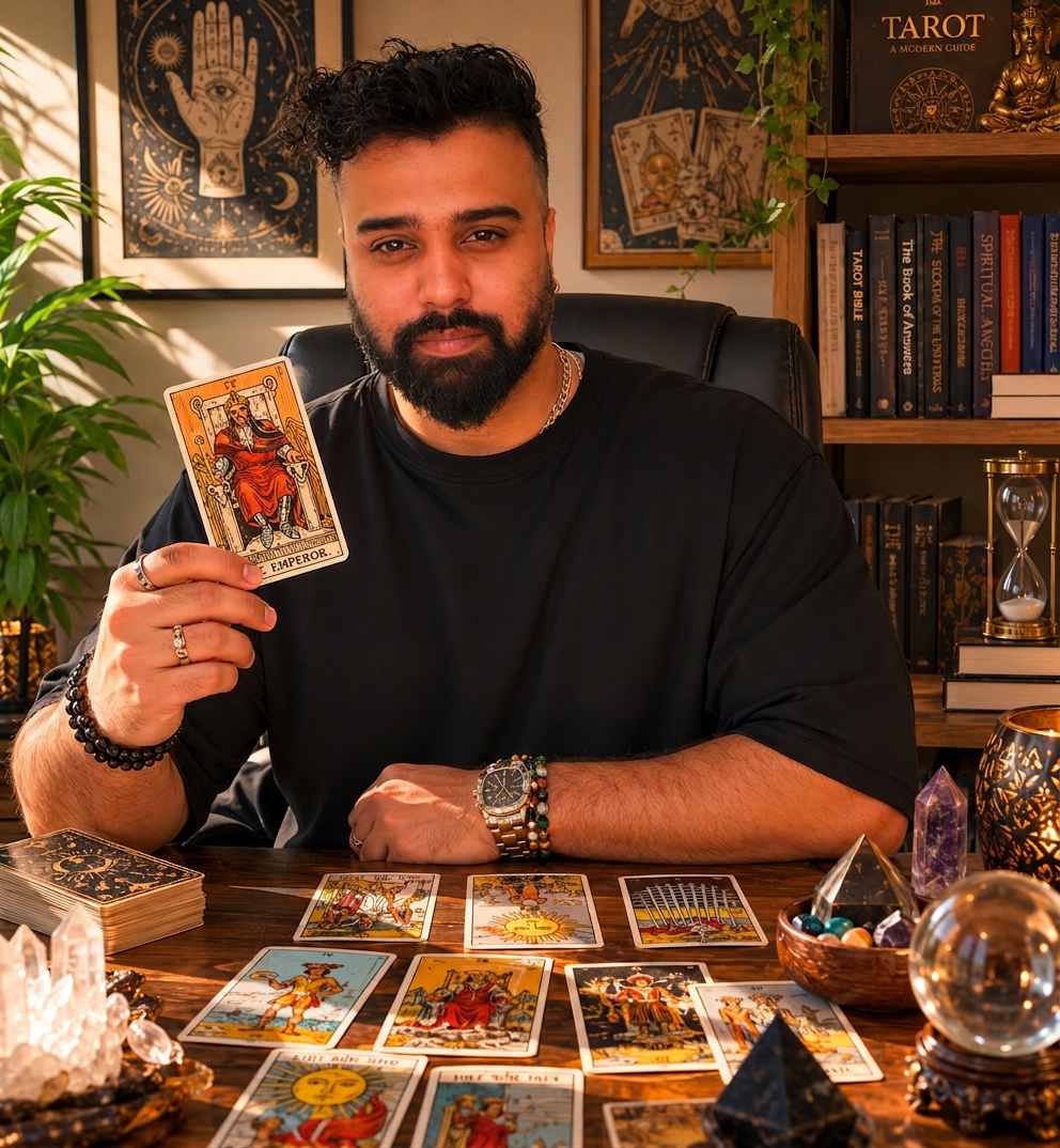 Tarot reader in candlelit sacred space
